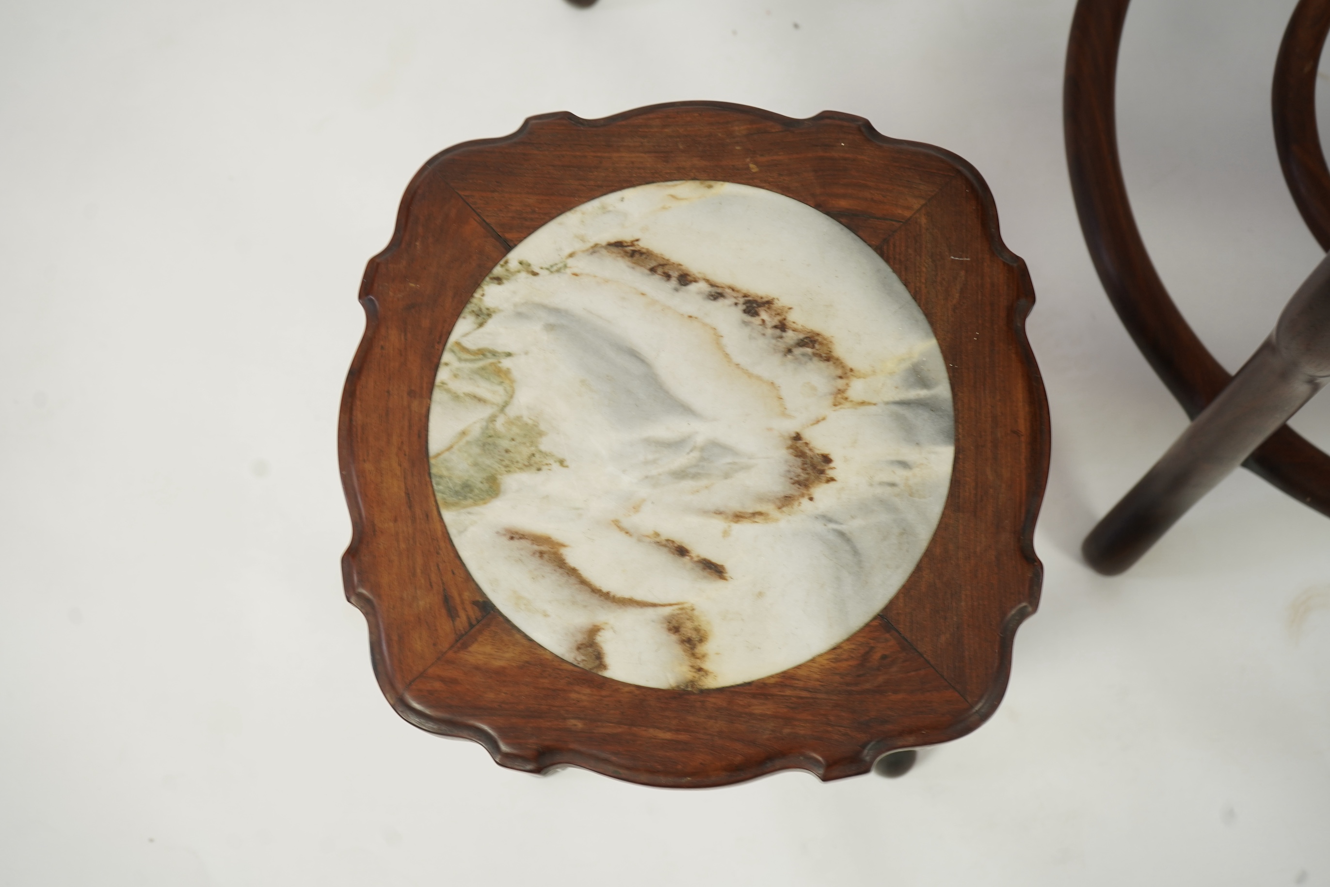 A Chinese dreamstone marble inset hongmu table and four matching stools